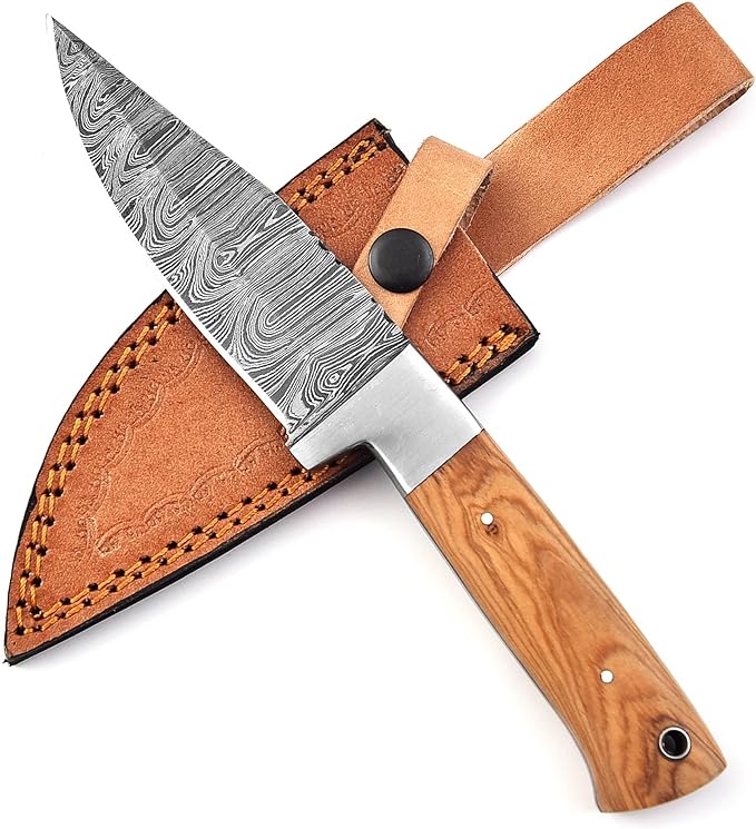 Fixed Blade Hunting Knife Damascus Steel EDC Bushcraft Knives, Full Tang Scout Carry Knife with Leather Sheath, Ideal for Skinning Outdoor Camping, Hunting, Hiking, Survival Knives