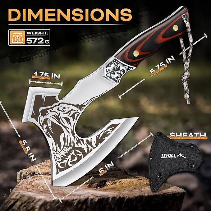 TIVOLI Camping Axe, Tiger - Patterned Survival Hatchet with Nylon Sheath, High Carbon Steel Blade Compact Outdoor Bushcraft Axe with Ergonomic Wood Grip, Camping Gear for Hiking, Chopping, Hunting