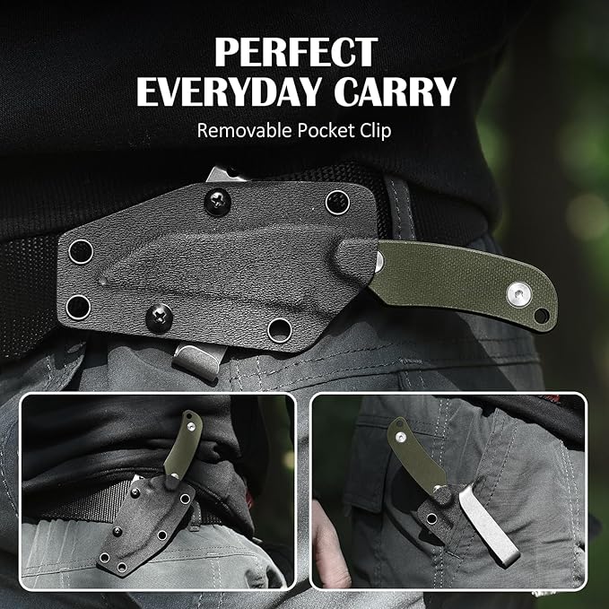 5.78" Mini Neck Knife with Sheath, 2.99" D2 Steel Blade Silver Full Tang EDC Small Wharncliffe Knife with G10 Handle for Men, Horizontal Carry