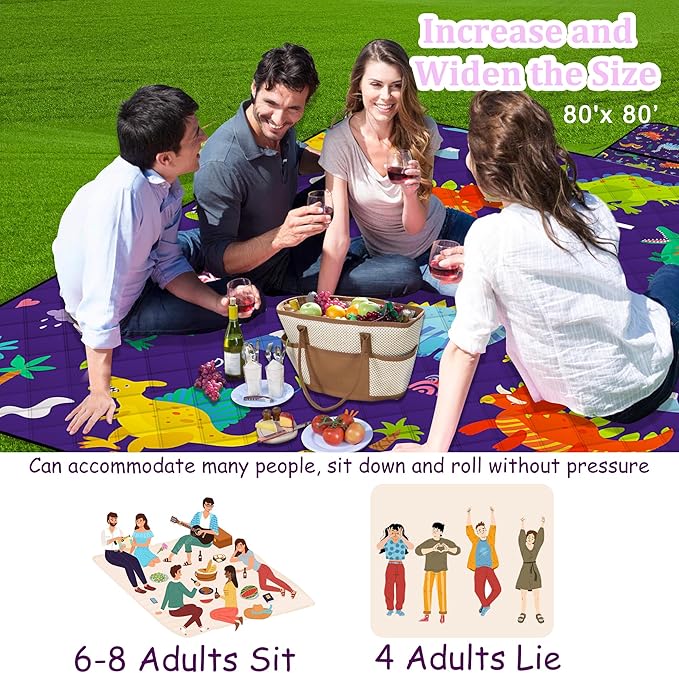 Extra Large Picnic Blanket Waterproof,80"x 80"Foldable Machine Washable Beach Blankets,Outdoor Blanket for 6-8 Adults,Picnic Mat Suitable for Indoor Crawling,Park Beach,Camping,Hiking,Travel(Dinosaur)