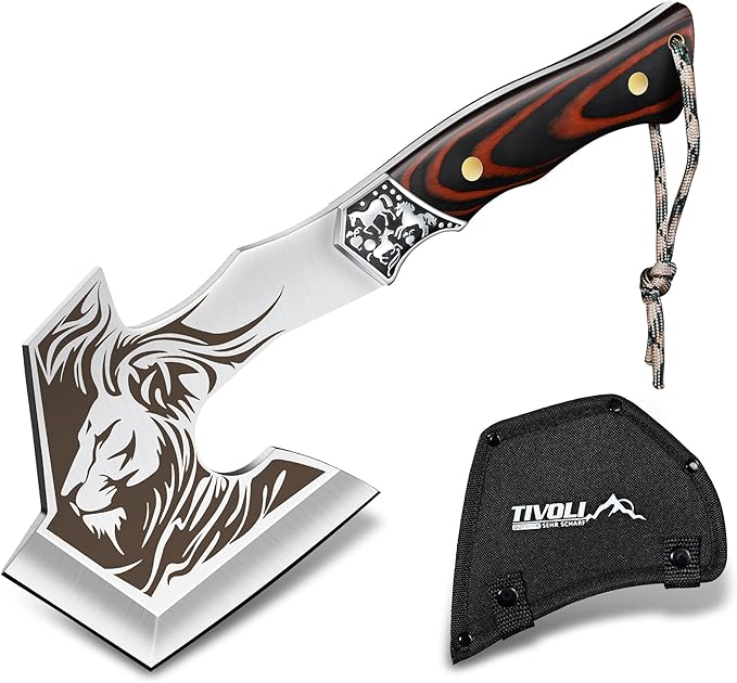 TIVOLI Camping Axe, Lion - Patterned Survival Hatchet with Nylon Sheath, High Carbon Steel Blade Compact Outdoor Bushcraft Axe with Ergonomic Wood Grip, Camping Gear for Hiking, Chopping, Hunting