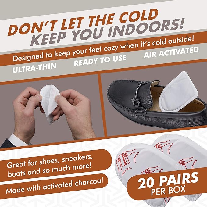 Hot Toe Foot Heat Warmers - 40 Count, Adhesive Long Lasting Air Activated Disposable Natural Heating Pads for Shoes, Boots – Odorless & Comfortable for Outdoor Work, Sports Activities