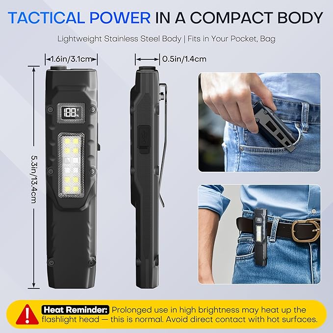 EDC Tactical Flashlight, Flat Flashlights Rechargeable,Dual-Switches LED Small Flashlight with Digital Display,Stainless Steel 8 Modes Pocket Flash Light for Home, Camping,and Emergency Use