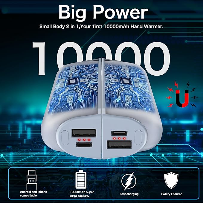 Hand Warmers Rechargeable 2 Pack,10000mAh Split-Magnetic Electric AI Handwarmer Power Bank,3 Levels, Camping,Hunting in Winter (Silver, One Size)