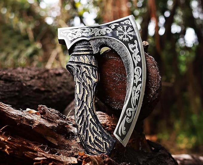 Viking Pizza Cutter Hand Forged Hatchet Mini Axe | Carbon Steel Slicer Chef Axe with Leather Sheath | Premium Pizza Oven Accessories for Camping, Hunting & Gifts for Men (Vk Pizza Axe)