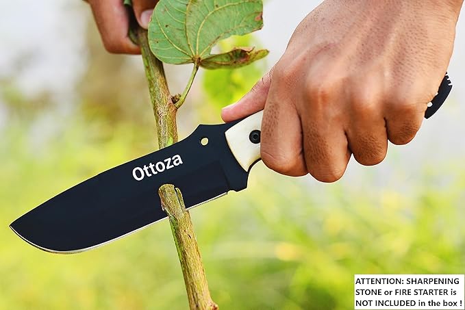Ottoza Fixed Blade Hunting Knife with Leather Sheath and Horizontal Carry - Full Tang Outdoor Survival and Camping Knife for Men - Bone Handle 354