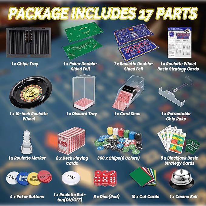 5 in 1 Super Casino Game Set: Blackjack/Roulette/Craps/Texas Hold'em/Poker Kit with Shoe+Discard Tray+360 Chip+8 Deck Card+Roulette Wheel+2 Felt+Stratedgy Card+Chip Rake, Casino Poker Set