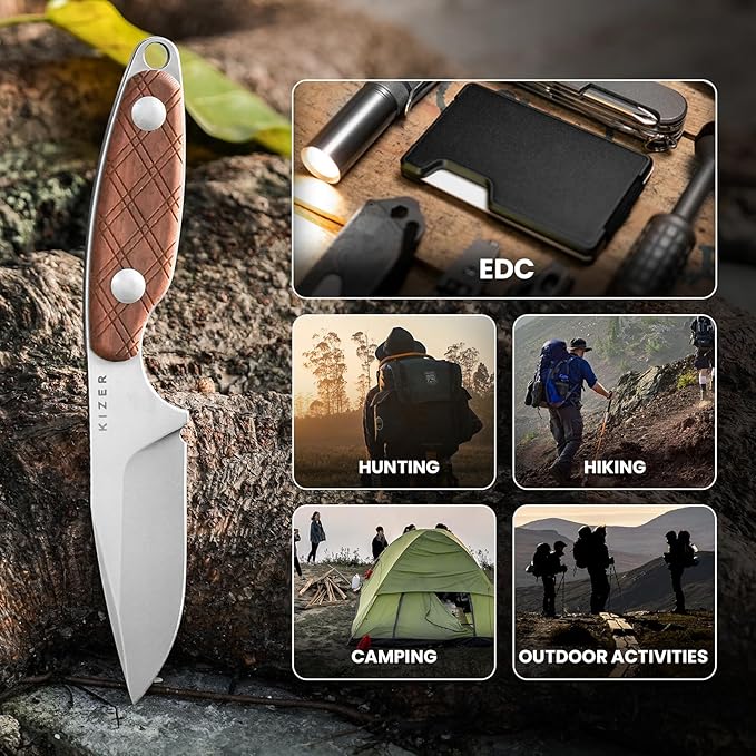 Kizer Muskrat Fixed Blade Knife, 3.15 In S35VN Neck Knife Mkuruti Wood Handle Fixed Blade EDC Knives for Men Women, Outdoor Hunting Hiking Survival Camping Knives with Sheath, 1064A2