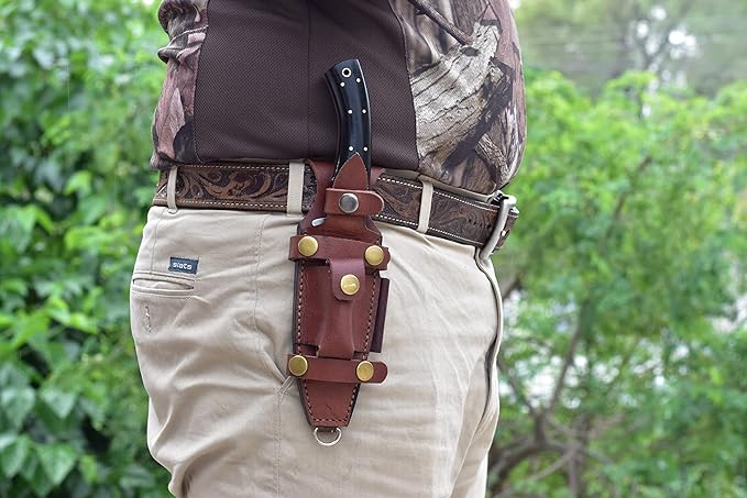 Knives Ranch Handmade 10" Camping & Bushcraft Knife - Damascus Steel - Excellent Edge Retention - Burlap Micarta Handle - Genuine Leather Sheath (2073-M)