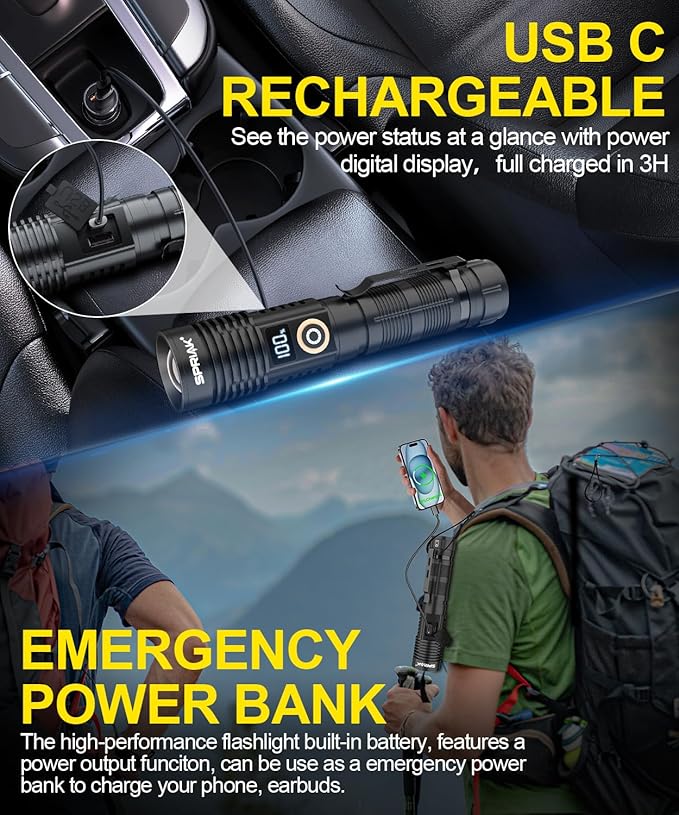 Rechargeable Flashlight High Lumens- Super Bright Magnetic Flash Light with Power Digital Display, Long Range,Dimmable,Waterproof,Pocket Tactical LED Flashlights for Emergency Camping 2PC