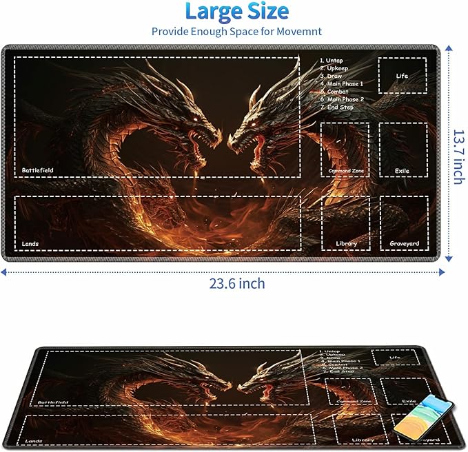 Playmat for MTG with Zones, 24 x 14 inches Game Play Mat for MTG TCG, Trading Card Game Play Mat Desk Mats with Stitched Edges Non-Slip Base, Two Dragon