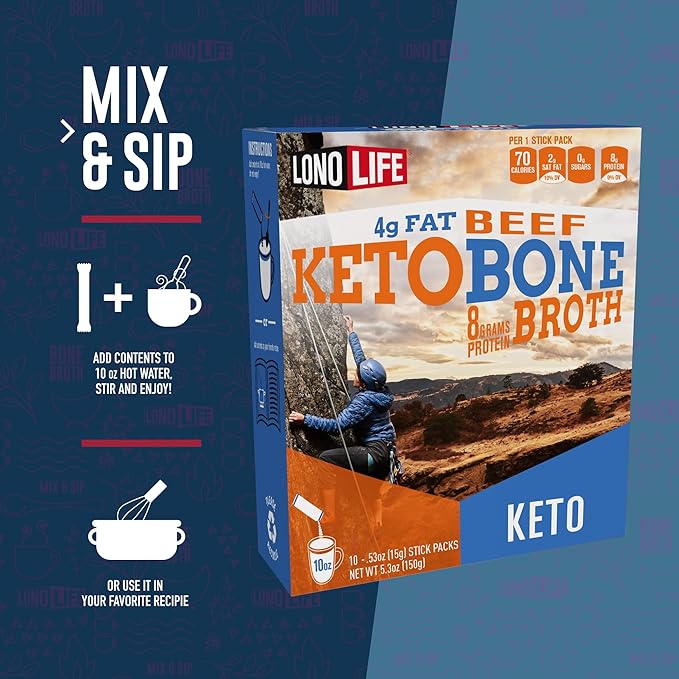 LonoLife Keto Beef Bone Broth Powder Mix | Grass-Fed, 10g Protein | Collagen-Rich, Keto & Paleo Friendly | Natural Ingredients | 24 Portable Stick Pack Servings