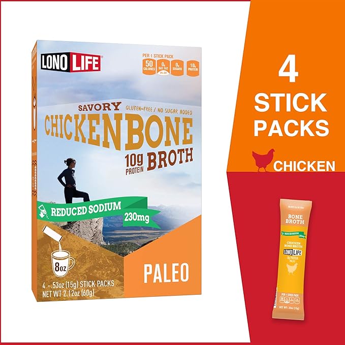 LonoLife Low Sodium Chicken Bone Broth Powder Mix | 10g Protein | Collagen-Rich, Keto & Paleo Friendly | Natural Ingredients | 4 Portable Stick Pack Servings