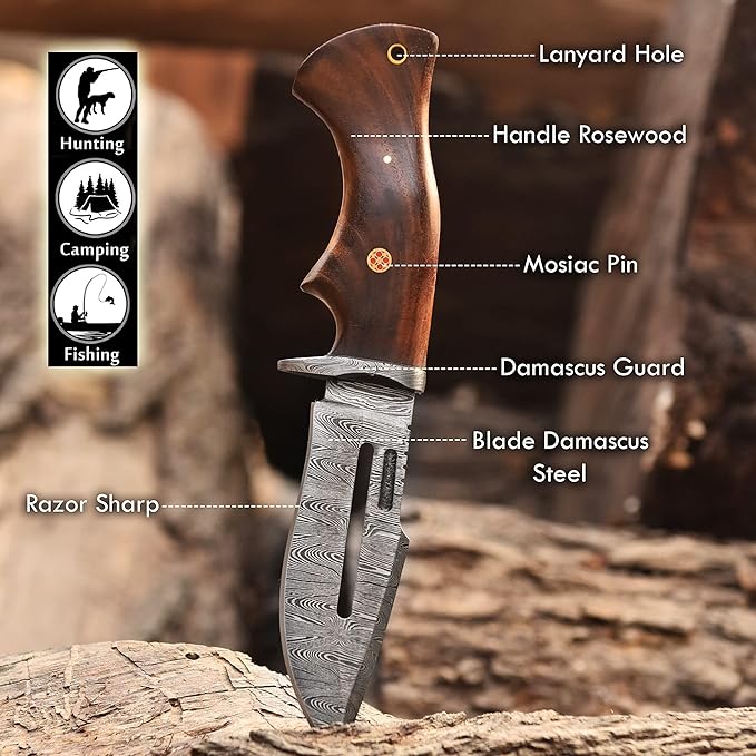Handmade Damascus Hunting Knife with Leather Sheath - Ideal for Skinning, Camping, Outdoor - EDC Fixed Blade Bushcraft Knife with Walnut Wood Handle- Horizontal Carry Knives For Men-4002