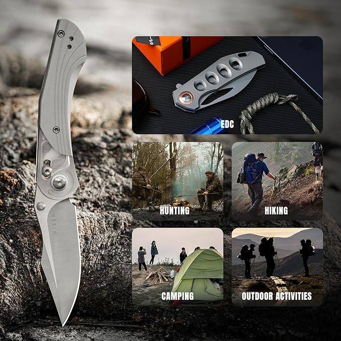 Kizer Mini Mystic Pocket Knife, 3.2" Nitro-V Blade EDC Knife with Gray Aluminum and Acrylic Handle, Camping Folding Knife with Clutch Lock, Hunting Survival knife with Thumb Stud Opener, V3636A1
