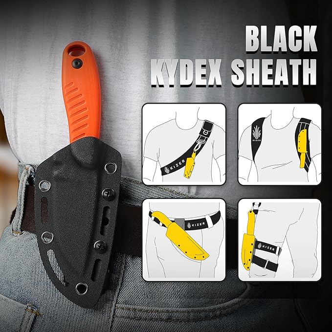 Kizer Hare Fixed Blade Knife with Sheath, 3.14" D2 Steel Blade EDC Hunting Knife with Orange G10 Handle, Small Bushcraft Survival Knives, Outdoor Camping Knives for Men Women, 1077A1