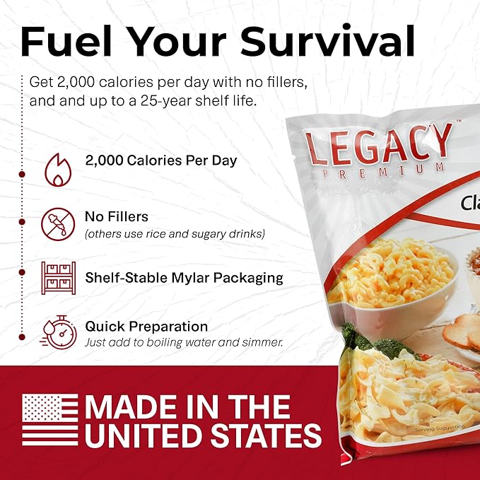 Legacy Food Storage 120 Serving Emergency Food Supply Bucket, 15 Entrees, 45,720 Total Calories, Shelf Stable Lunch & Dinner, Freeze Dried Survival Meals for MRE Camping, Hiking, Prepping
