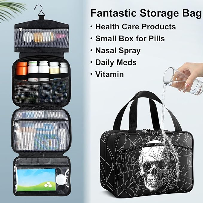 Fustylead Hand Draw Human Skull on Spider Web Travel Pill Bottle Organizer Large Home Storage Medication Bag with Zipper for Vitamins, First Aid, Fish Oil, Medical Supplies