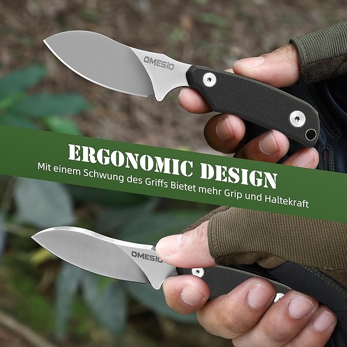 Omesio Neck Knife, 5.82" Fixed Blade Knife with Kydex Sheath and Necklance, Campact Full Tang Tactical Neck Knife with Clip, Nessmuk EDC Small Knife D2 Steel G10 Handle for Outdoor, Survival, Camping