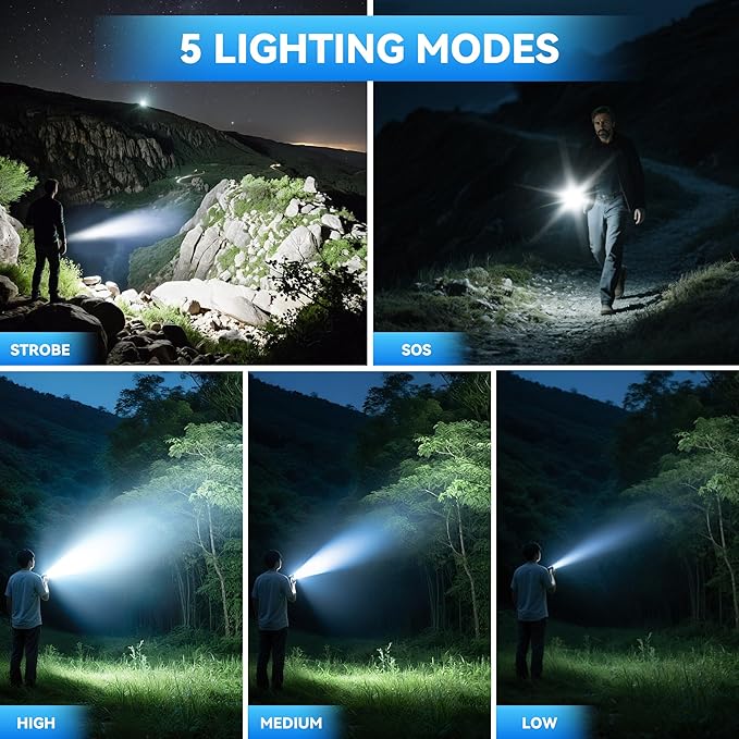 SheinRover Rechargeable LED Flashlights High Lumens, Super Bright Handheld Flashlight with 5 Modes Zoomable, Tactical Waterproof Flash Light Battery Powered for Home, Camping, Emergencies