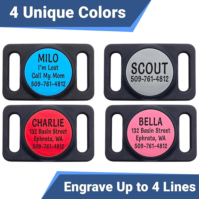 GoTags Personalized AirTag Dog Collar Holder, Engraved Tracker Case for Pet Collar, Custom Text with Phone Number, Slide On Tag for GPS Nameplate, Track Dogs with Apple iPhone, 4 Colors (Large)