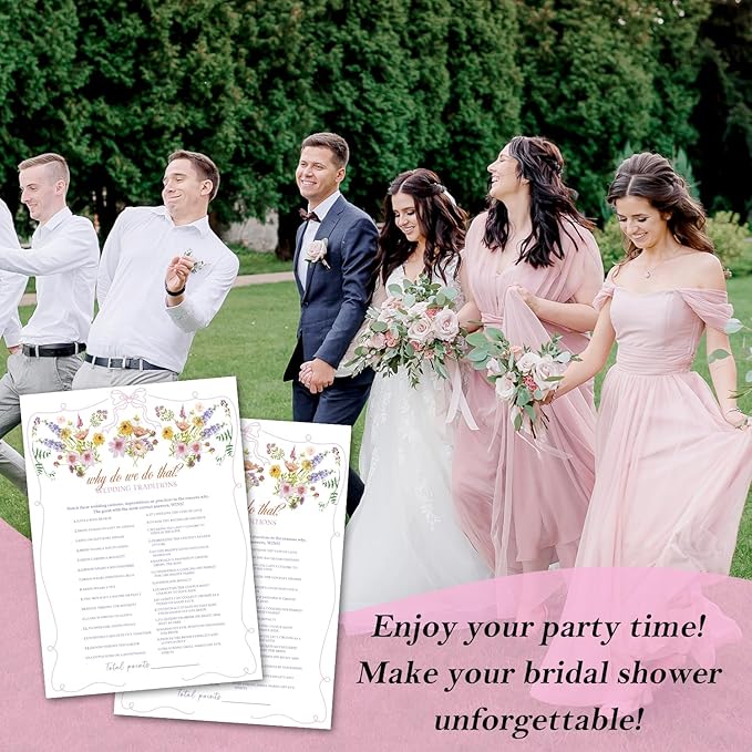 Why Do We Do That? Bridal Shower Games, Wildflower Pink Bow Games Card for Wedding Reception, Bridal Shower, Engagement, Bachelorette Party Activity Decorations (25 Pack) -A02