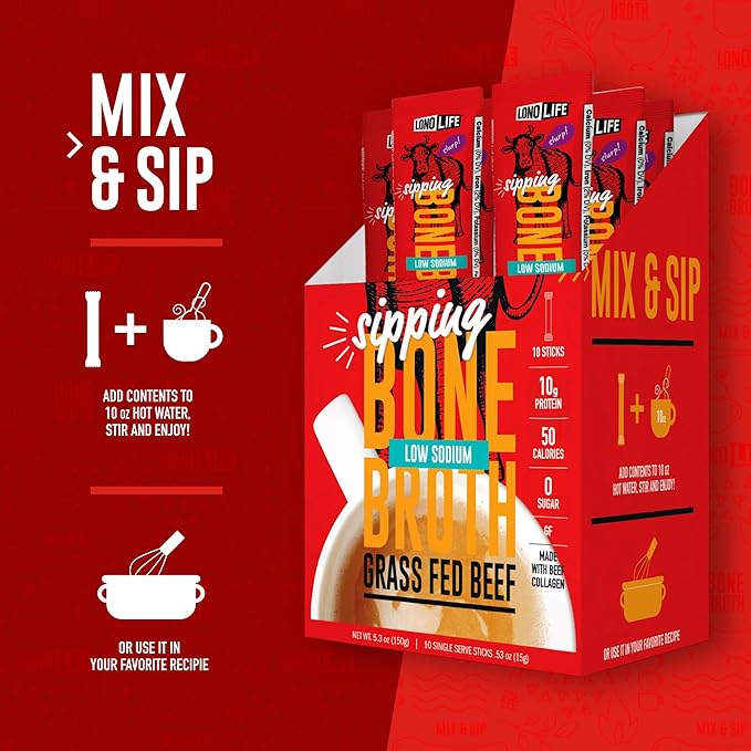 LonoLife Low Sodium Beef Bone Broth Powder Mix | Grass-Fed, 10g Protein | Collagen-Rich, Keto & Paleo Friendly | Natural Ingredients | 4 Portable Stick Pack Servings