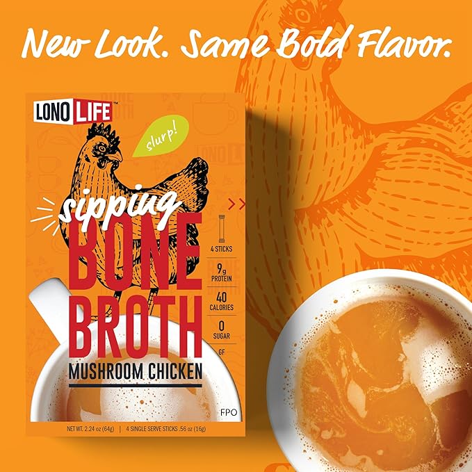 LonoLife Mushroom Chicken Bone Broth Powder Mix | 10g Protein | Collagen-Rich, Keto & Paleo Friendly | Natural Ingredients | 4 Portable Stick Pack Servings