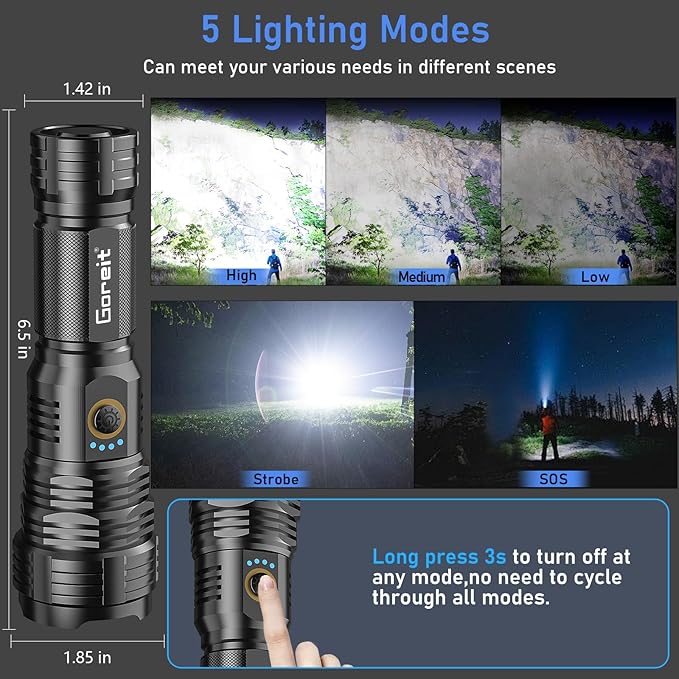 Goreit Flashlights LED High Lumens Rechargeable, 2000 Lumens XHP70.2 Super Bright Flashlight, Flash Light Battery Powered, Powerful Handheld Flashlight with Holster for Emergency Camping Hiking Gift