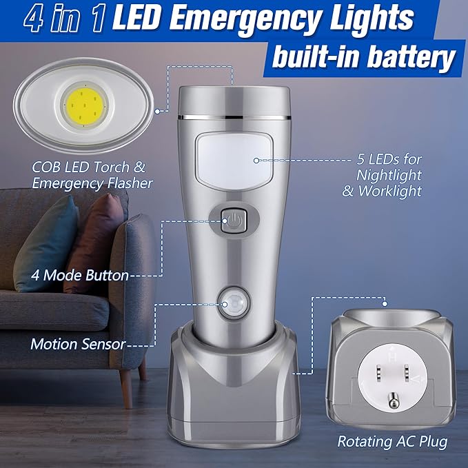 Enhon 3 Pack 4 in 1 LED Emergency Lights for Home Power Failure, Rechargeable Plug in Flashlight Motion Sensor Night Light, Automatic Turn On Power Outage Light for Home Hurricane Supplies