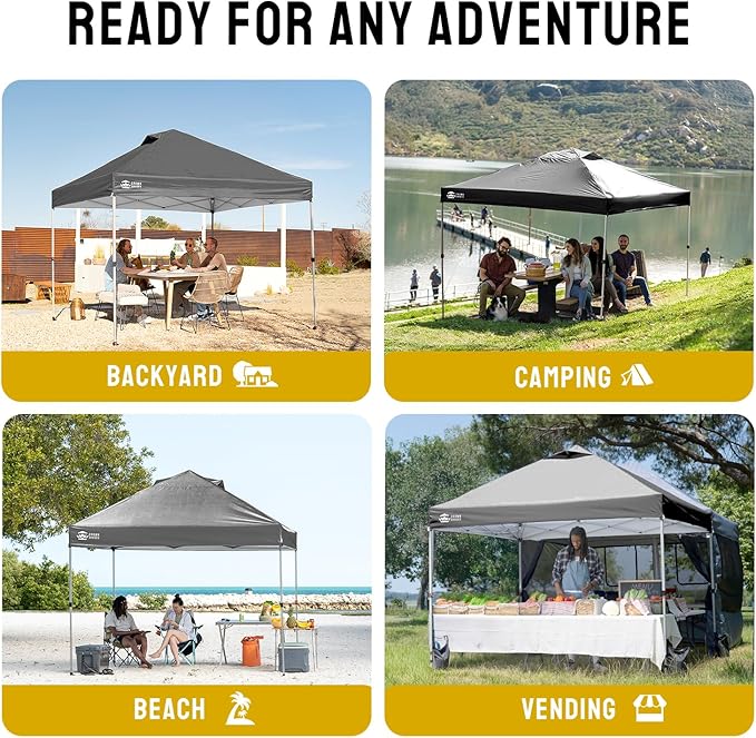 CROWN SHADES 10x10 Pop Up Canopy - Beach Tent with One Push Setup - Easy Outdoor Sun Shade Shelter for Events, Parties - Gazebo with STO-N-Go Cover Bag, Silver Coated Top, Grid Grey