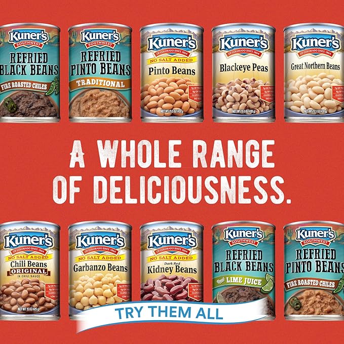 Kuner's No Salt Added Canned Black Beans, Plant Protein and Fiber, Gluten Free, Vegan, Fat Free, 12 Pack of 15 oz Cans