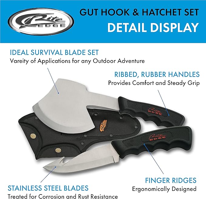 Rite Edge 2-Piece Hunting Knife and Hatchet Set ??Stainless Steel Gut Hook and Survival Axe with Nylon Sheath for Camping, Hiking, and Outdoors