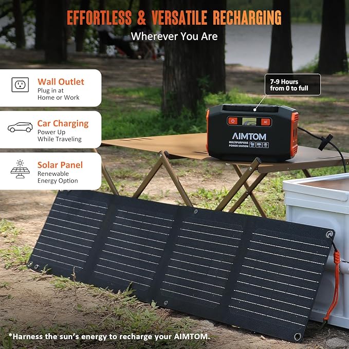AIMTOM 200W Portable Power Station with 30W Solar Panel Bundle ??173Wh Lithium Battery, 250W Peak AC, USB-A, USB-C and 12V DC Outputs, High-Efficiency Solar Generator for Camping RV Emergency Backup