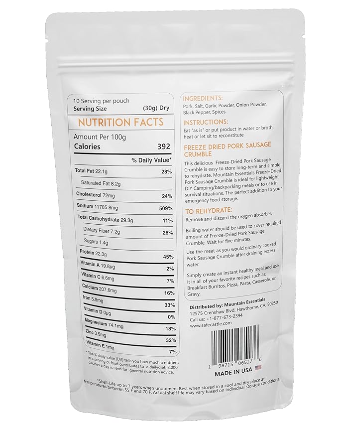 MOUNTAIN ESSENTIALS Freeze-Dried Pork Sausage Crumble ??Fully Cooked & Ready to Eat | Traditional Flavor | Premium Quality Everyday Meals, Camping & Emergency Survival Food | 10 Servings | Made in USA | 7-Year Shelf Life
