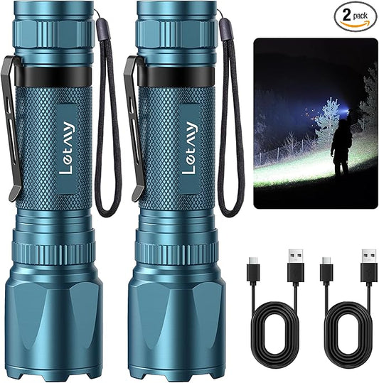 LETMY Rechargeable Flashlights High Lumens, 2 Pack 2000 Lumens Bright LED Tactical Flashlight, 3 Modes Samll Powerful Flash Lights with Clip, Waterproof Flashlights for Home Emergency Camping (Blue)