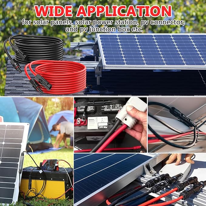 2x30 Feet Solar Panel Extension Cable, 12AWG Solar Cable, Solar Panel Cable with Female and Male Waterproof Connectors for RV, Photovoltaic Systems (30FT Red + 30FT Black)