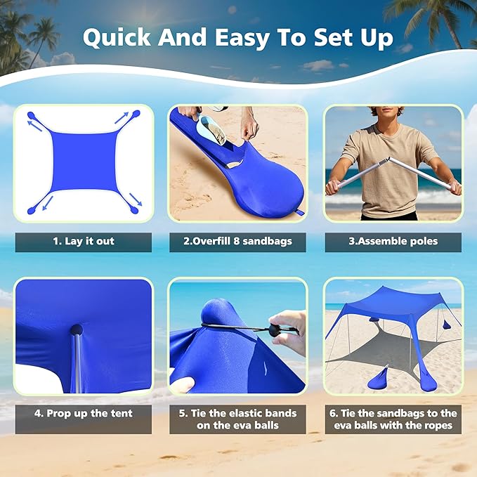 2PM SPORTS Beach Tent Canopy with UPF50+ UV Protection, Outdoor Large Beach Sun Shade Shelter for Family Picnic Camping Travel Shore Fishing, 8 Sandbags, Sand Shovel (Leaf, 8x8 FT)