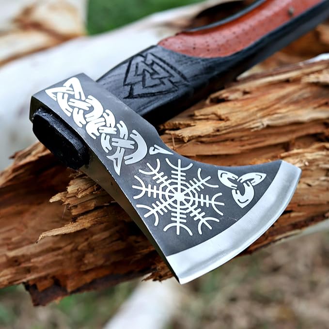 Viking Axe | 18" Carbon Steel Throwing Hatchet with Ash Wood Handle & Leather Sheath | Etched Norse Design, Functional & Collectible Gift(WCA-001)