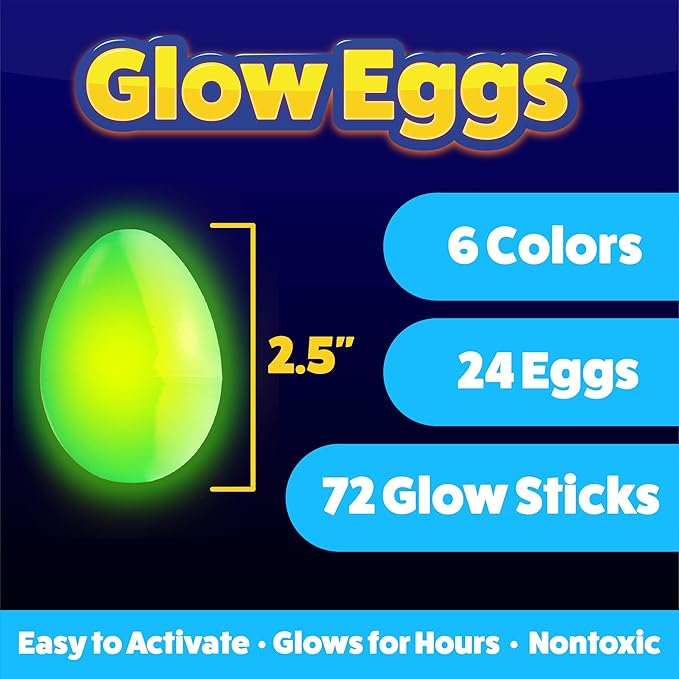PartySticks 24 Easter Glow Eggs & 72 Mini Glow Sticks 96pcs Total, Glow-in-The-Dark Kids Teens Adults Easter Basket Stuffers Fillers Gift, Egg Hunt Game Bulk Party Favors, Boys Girls Classroom Prizes