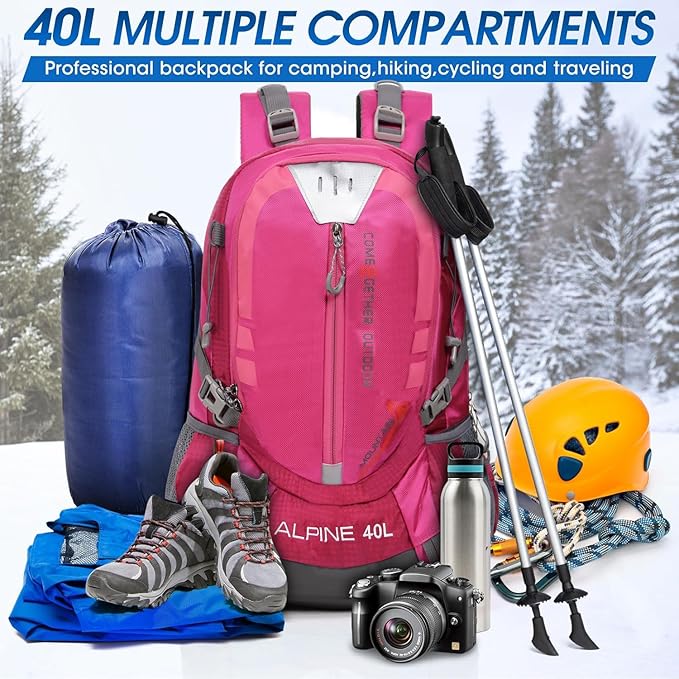 Hiking Backpack Camping 40L Outdoor Daypack Lightweight Travel Backpack with Rain Cover for Women Men (Pink)