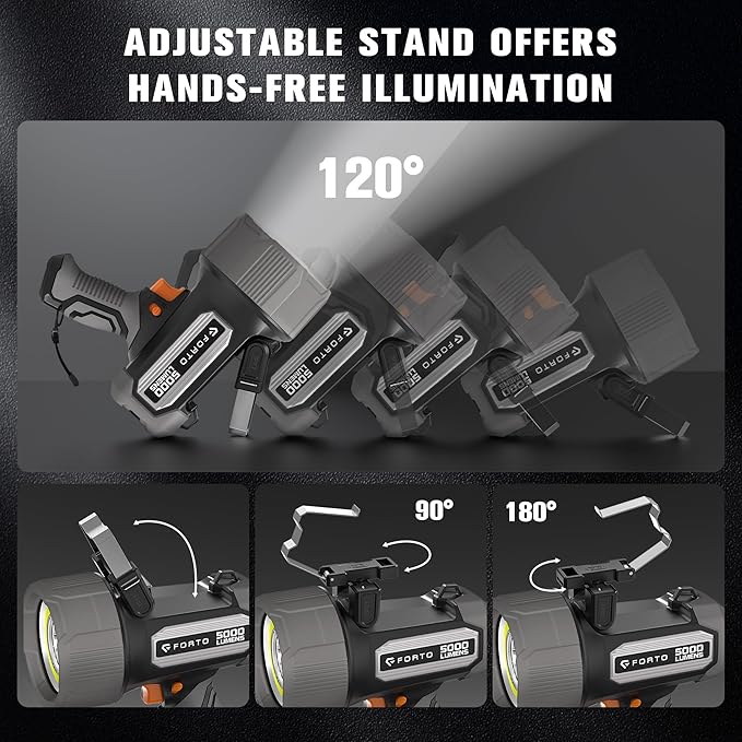 FORTO Rechargeable Spotlight 5000 Lumen Ultra Bright IPX7 Waterproof Spotlight, Boat Flashlight with EVA Carrying Case, 7 Light Modes Handheld Spotlight Flashlight for Marine Boat Hunting