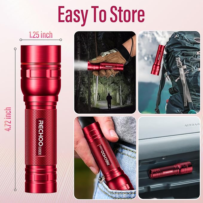Rechargeable Flashlights High Lumens, G1000 Super Bright Flash Light 2 Pack, Small Zoomable LED Flashlight with 3 Lighting Modes, Portable Flashlights for Camping Essentials, Gift for Women (Red)