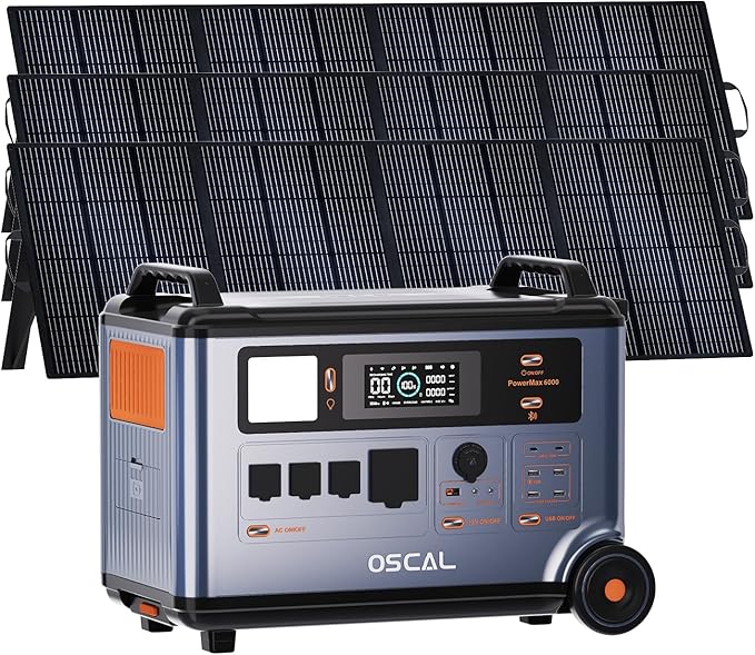 OSCAL 6000W Solar Generator with 3×400W Solar Panel,120V/240V Split Phase Voltage Portable Power Station PowerMax 6000, 4 * 6000w AC Output (9000W Surge),2400W MPPT Solar for Emergency 01