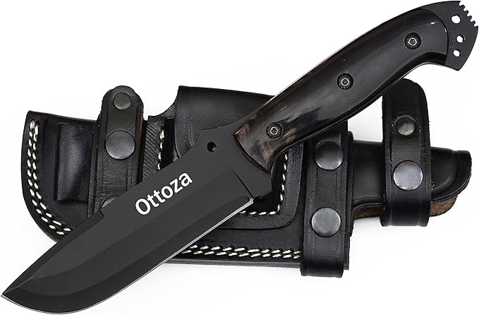 Ottoza Fixed Blade Hunting Knife with Leather Sheath and Horizontal Carry - Full Tang Outdoor Survival and Camping Knife for Men - Cow Horn Handle 338
