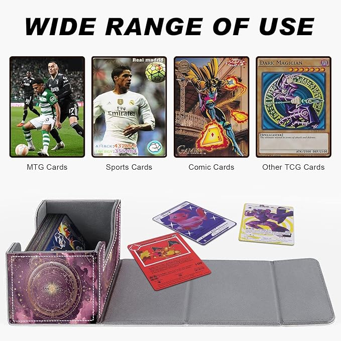 Card Game Storage Box TCG Deck Box MTG Card Box Organizer Trading Card Case Commander Deck Box TCG Card Storage Box Magnetic Closure Creative Pattern Up to 200 Cards, Purple Constellation Compass