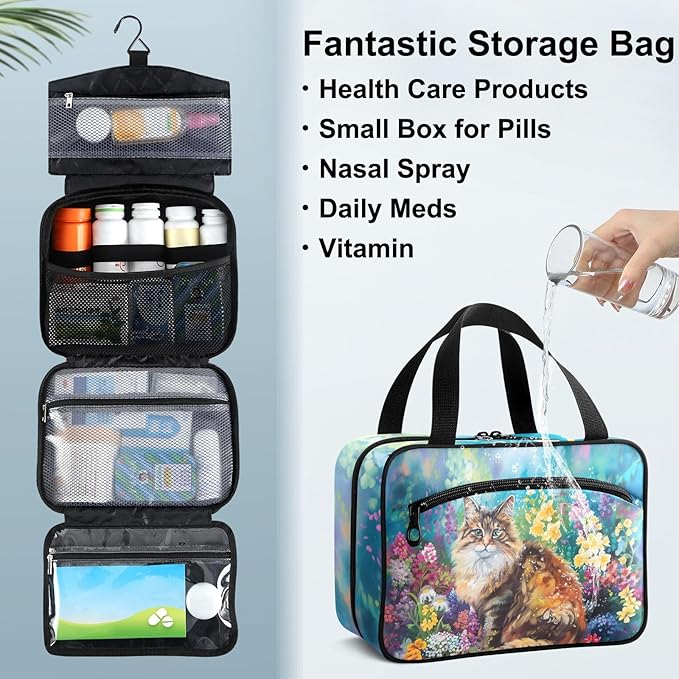 Fustylead Fantastic Cat in Colorful Spring Floral Travel Medicine Storage Bag Large Household Pill Bottle Organizer with Zipper for First Aid, Pills, Vitamins, Medical Supplies