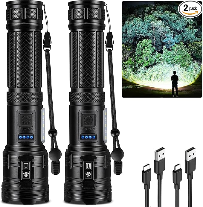 Flashlight Rechargeable 99,000 High Lumens, 2 Pack Super Bright Flash Light with 7 Modes, Waterproof Powerful Linternas, Multifunctional Handhedl Torch for Camping, Home