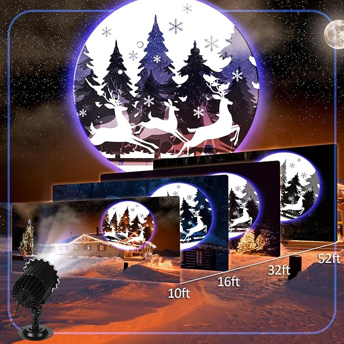 Vintage Christmas Projector Light with 1 Film Slides Holiday LED Deer Tree Projector Lights Outdoor Reflectors Waterproof Landscape Decorative Rotation Lighting Movement Projection Lamp
