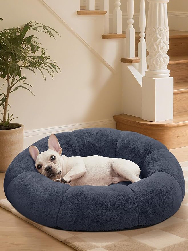 OhGeni 31 inches Calming Donut Orthopedic Dog & Cat Bed for Medium Pets, Warming Comfort Fluffy Short Pile Fur, Durable Waterproof Machine Washable Removable Cover, Cute Round Bed for Puppy, Blue
